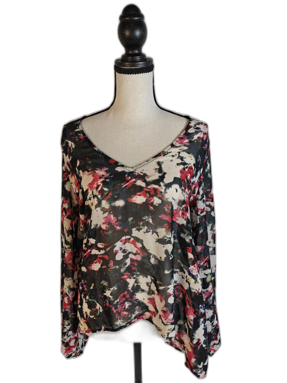 Women's Aqua Floral Open Back Long Sleeve Blouse Multicolor Size S